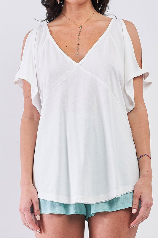 V neck cutout shoulder loose fit top (TDG7956)