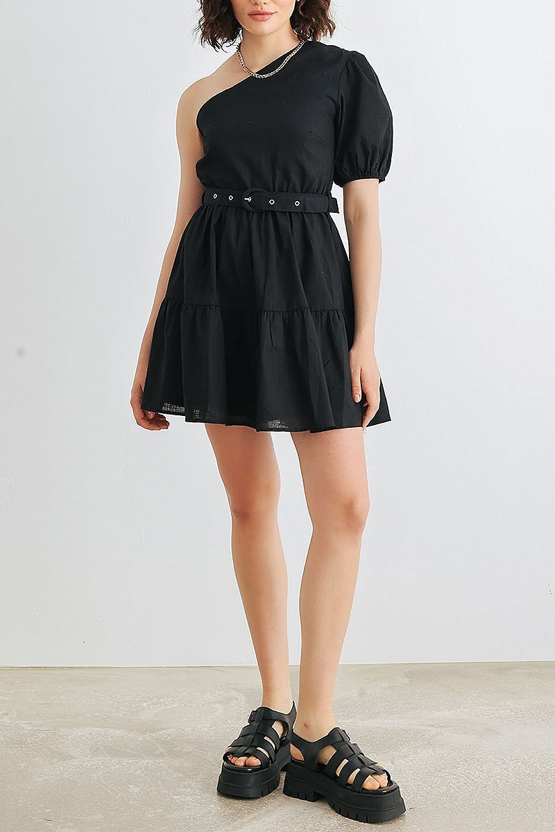 Cotton one shoulder belted mini dress (TED1941)