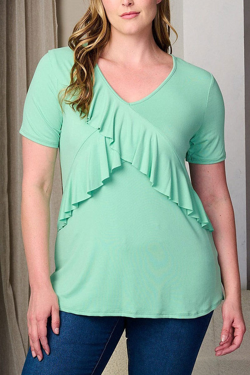 Short sleeve v-neck ruffle detailed tunic top (EFWT8206)