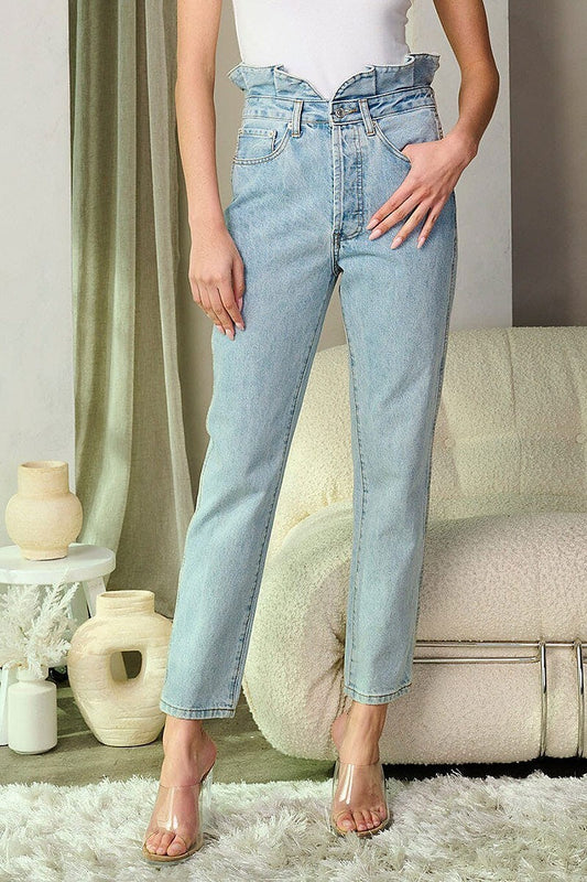 Button closure high waist denim pants (EFWT9312-1)