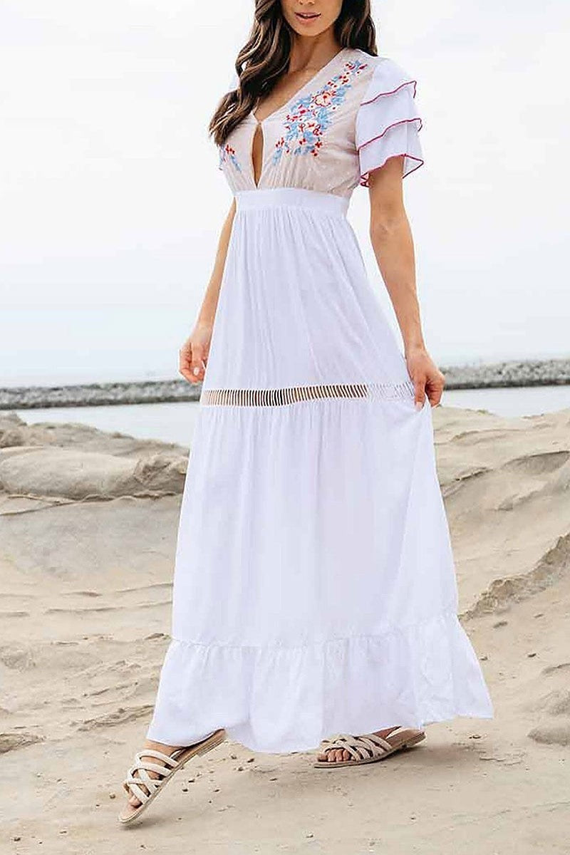 Short ruffle sleeve embroidery maxi dress (EGWT1183)