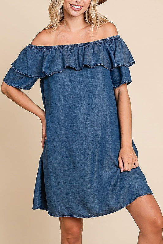 Chambray off-shoulder frilled neckline mini dress (EDH1629)