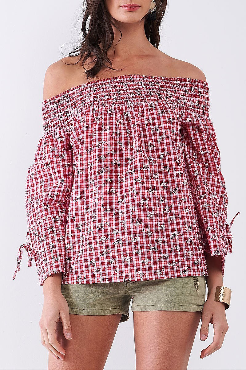 Off shoulder smoked detail floral plaid top (TDG8129)