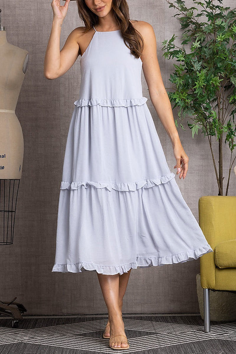 Crinkled halter neck ruffled midi dress (EDSW3287)