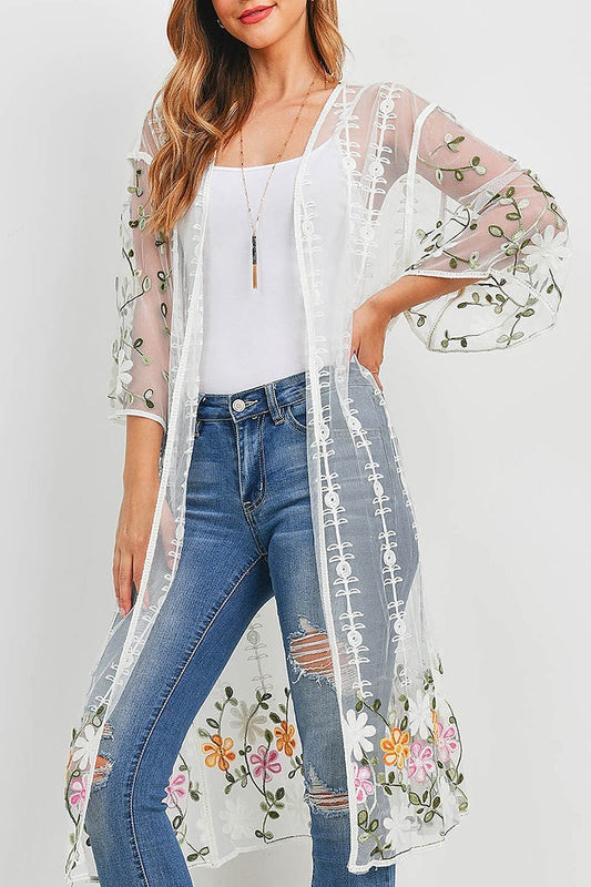 Multi floral embroidered sheer kimono top (EF1067)