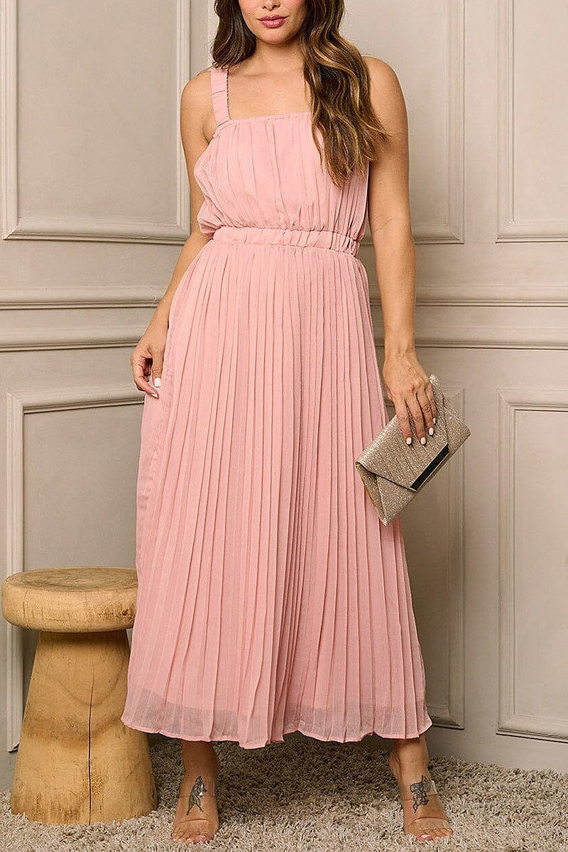 Sleeveless elastic waist pleated maxi dress (EFWT6372)