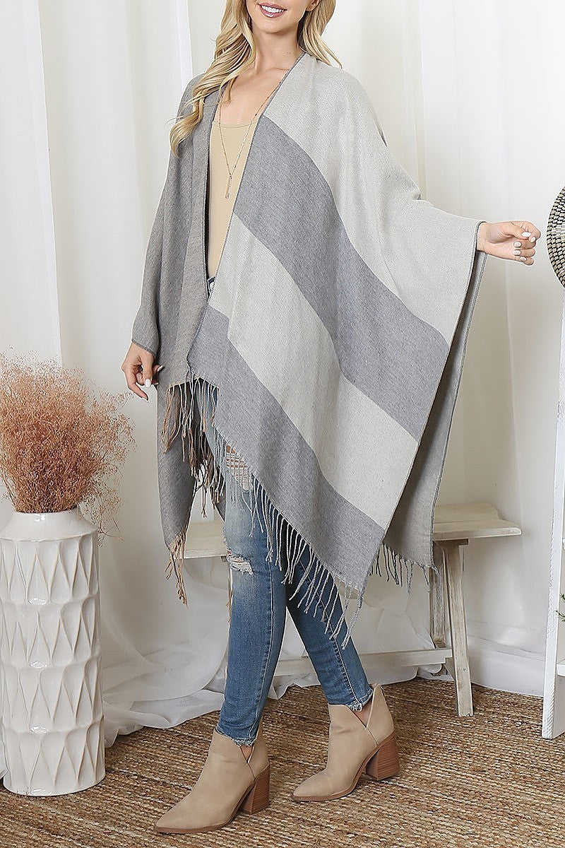 Stripes print fringe open front kimono (DGS6186)