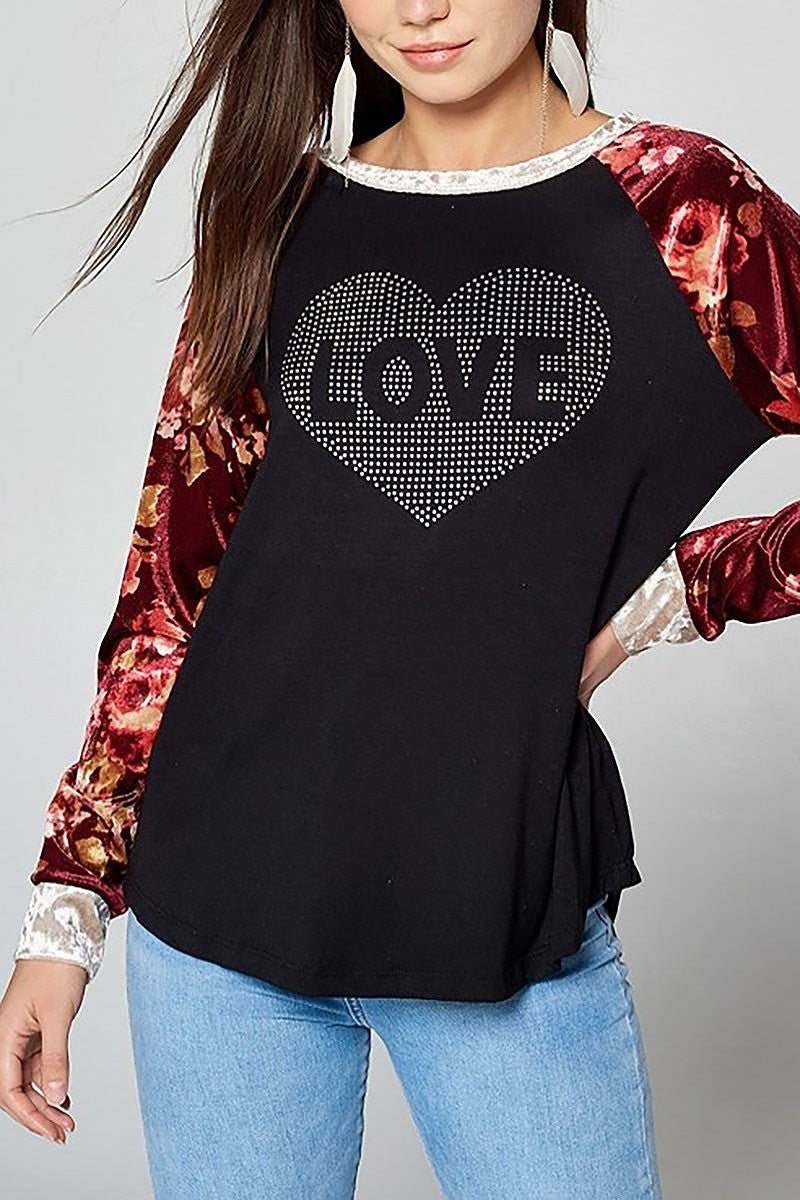 Love print floral sleeve top (EF5120)