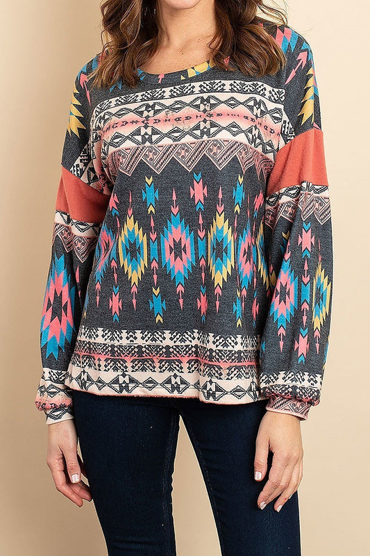 Color block aztec tribal print top (ED8018)