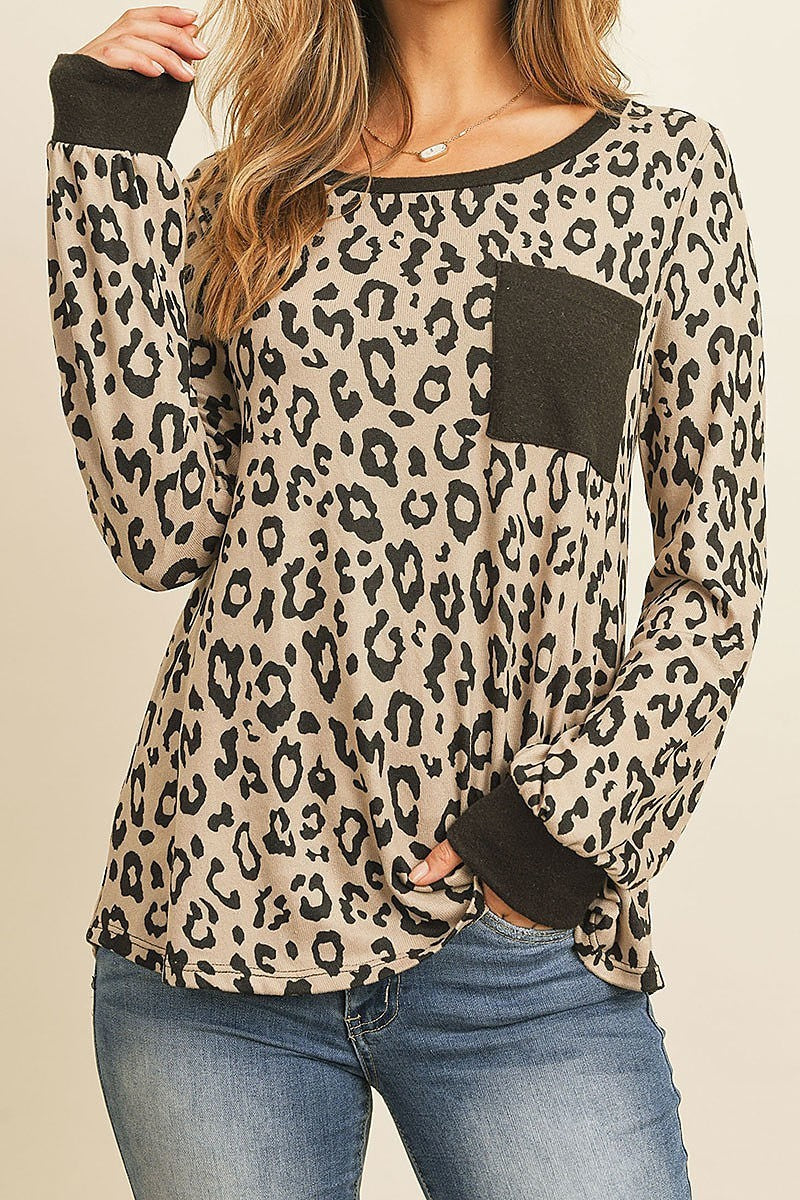 Long sleeve leopard print pocket front round neck loose fit top (ED8182-LAST)