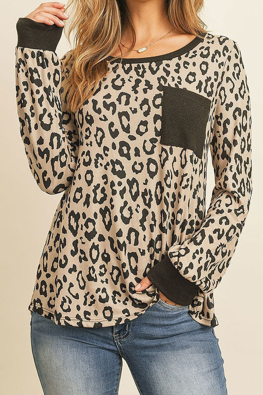 Long sleeve leopard print pocket front round neck loose fit top (ED8182-LAST)