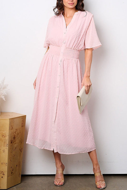 Short sleeve button up smock swiss dots maxi dress (EFWT8906)