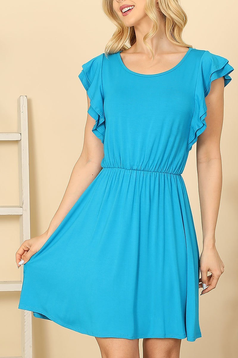 Ruffle sleeve cinch waist solid dress (DED9392)