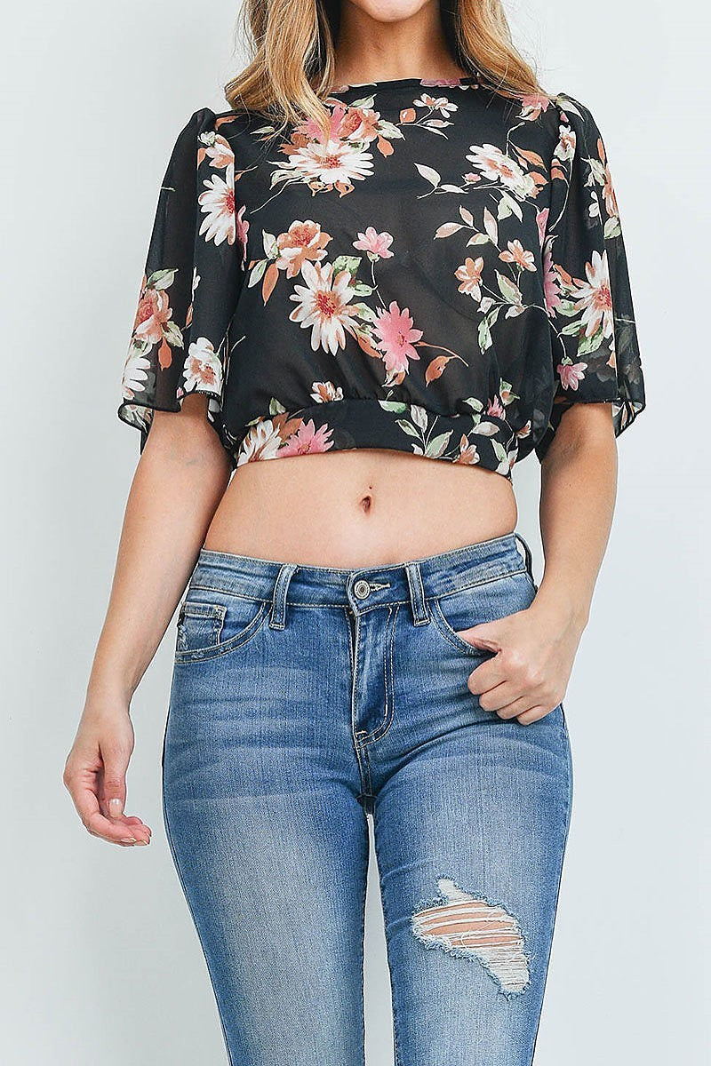 Floral print crop top with chiffon detail (ED8898-2)