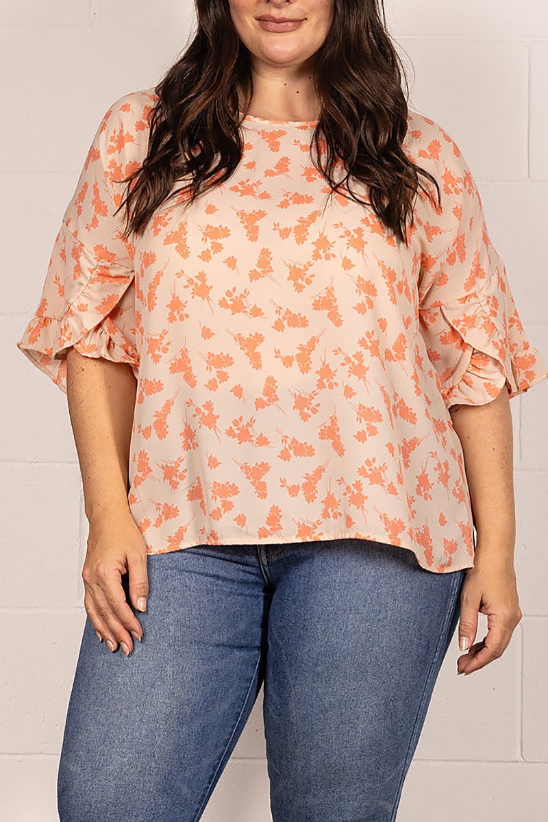 Floral print bell ruffled sleeves plus size top (EDSW4160)