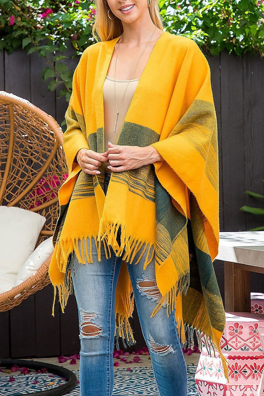 Border line fringe warmer kimono wrap (DGS5841)