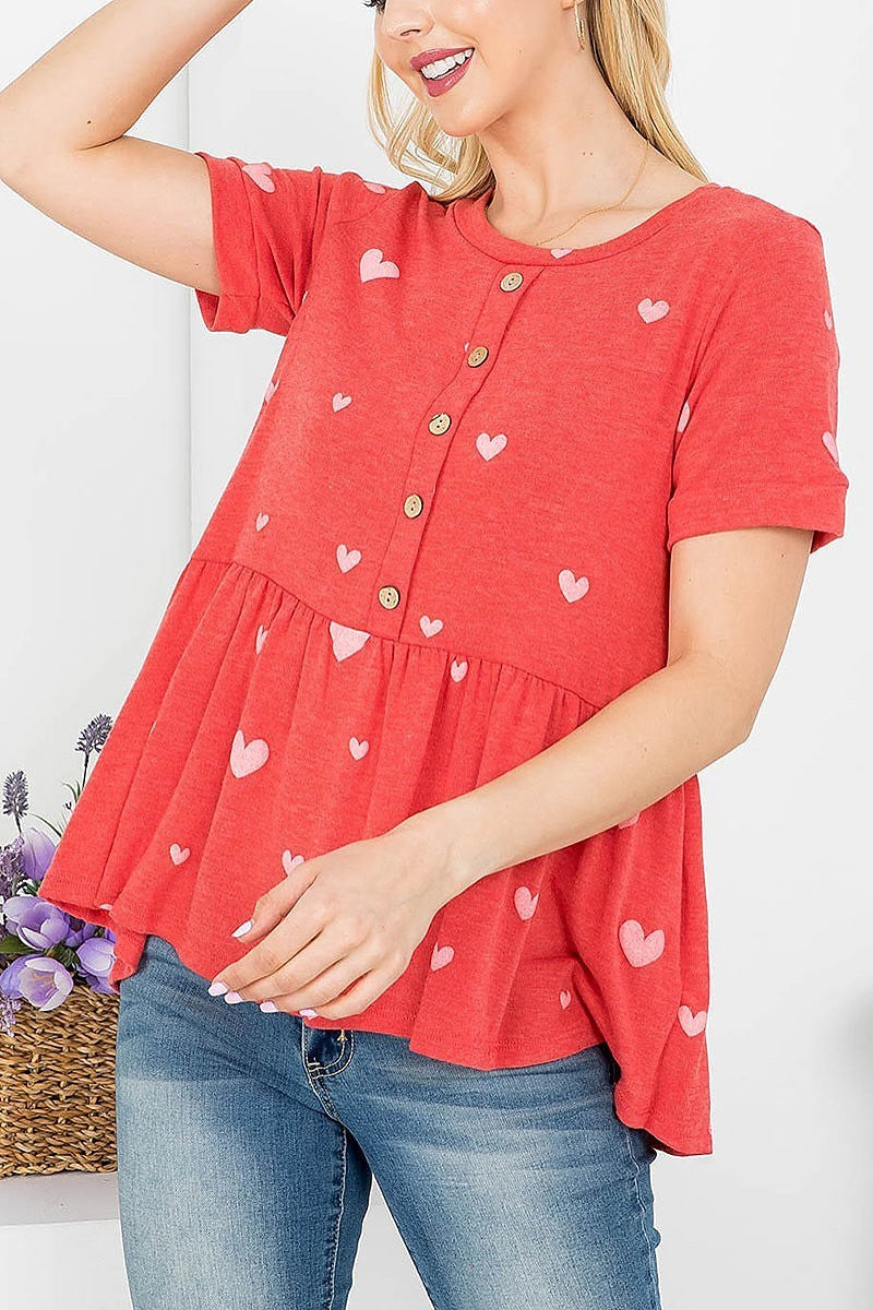 Heart print button trimmed baby doll top (EF4149)