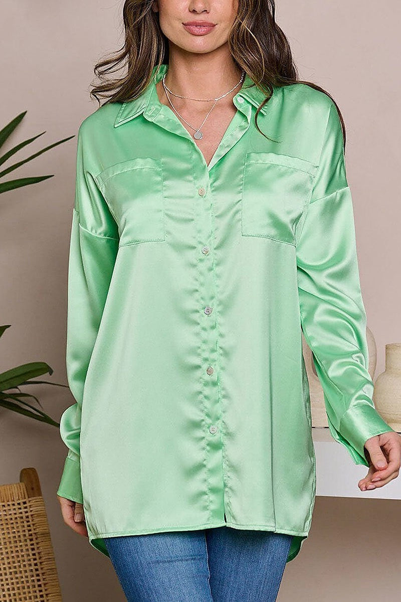 Long sleeve button up silk blouse top (EFWT6290)