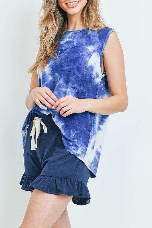 Tie dye pocket top and solid ruffle hem shorts set (ED9312)