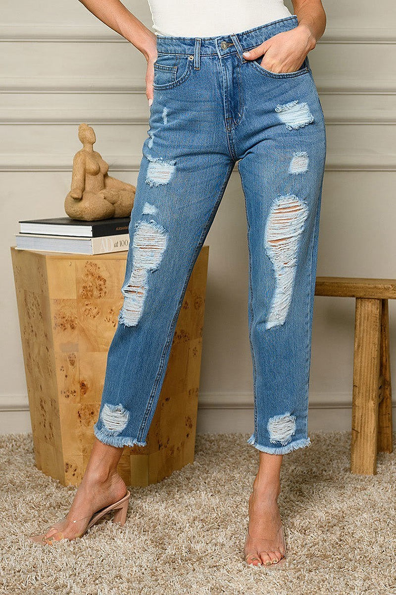 High rise distressed denim jeans (EDWT5648)