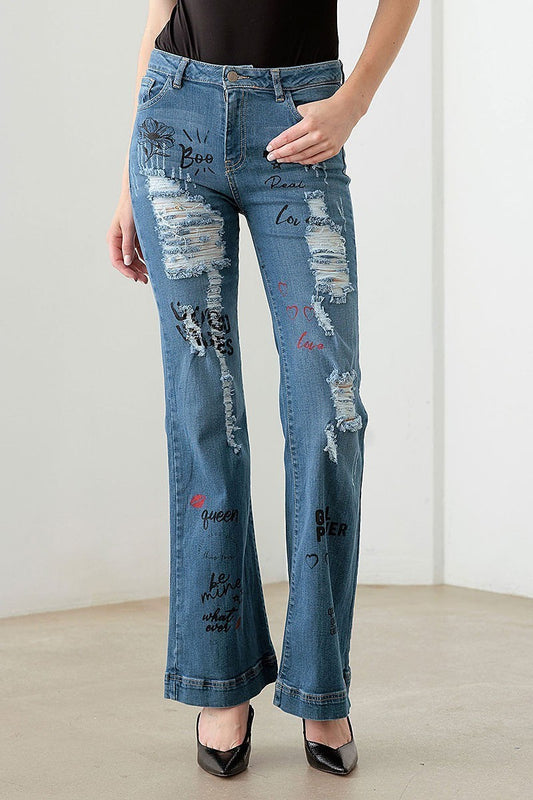 Mid waist slogan graphic print flare denim pants (TED2971)