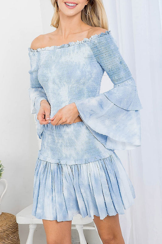 Tie dye off shoulder bell sleeve top and skirt set (EF3415)