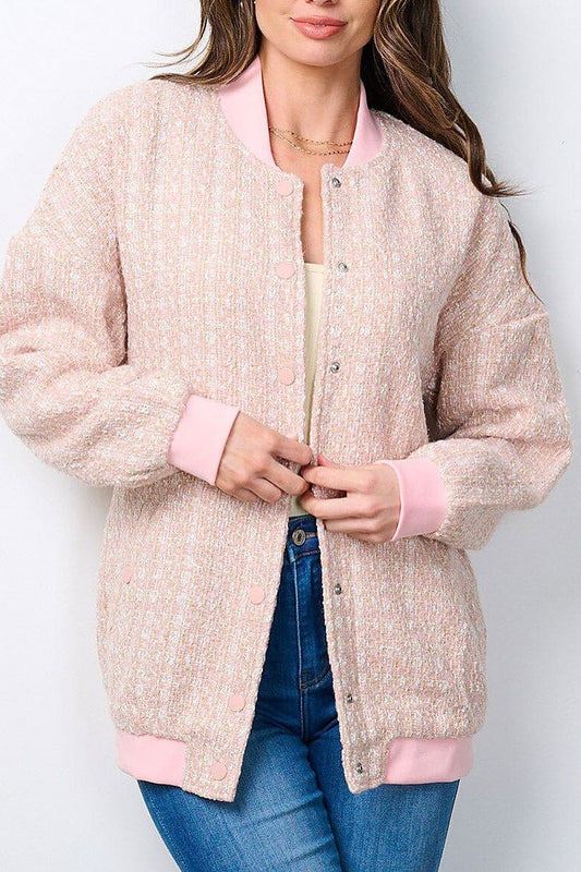 Long sleeve button up pockets tweed jacket (EFWT7347)