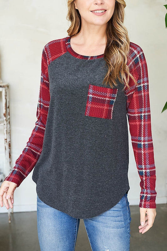 Plaid pocket and sleeves loop terry top (EF2732)