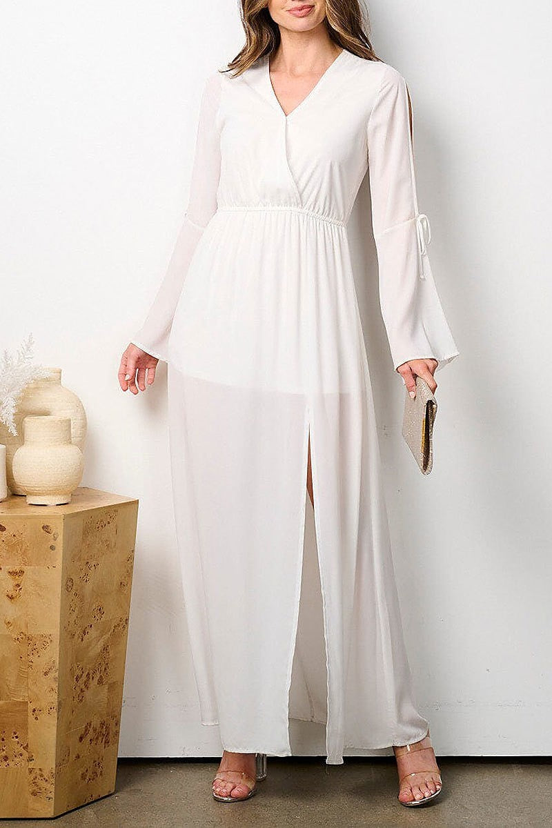 Long bell sleeve front slit surplice maxi dress (EFWT7873)