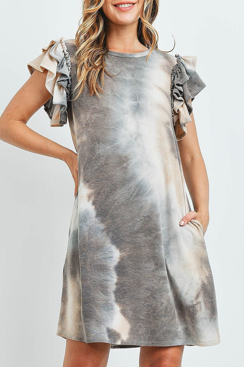 Layered ruffle sleeve tie dye pocket dress (DED6508)