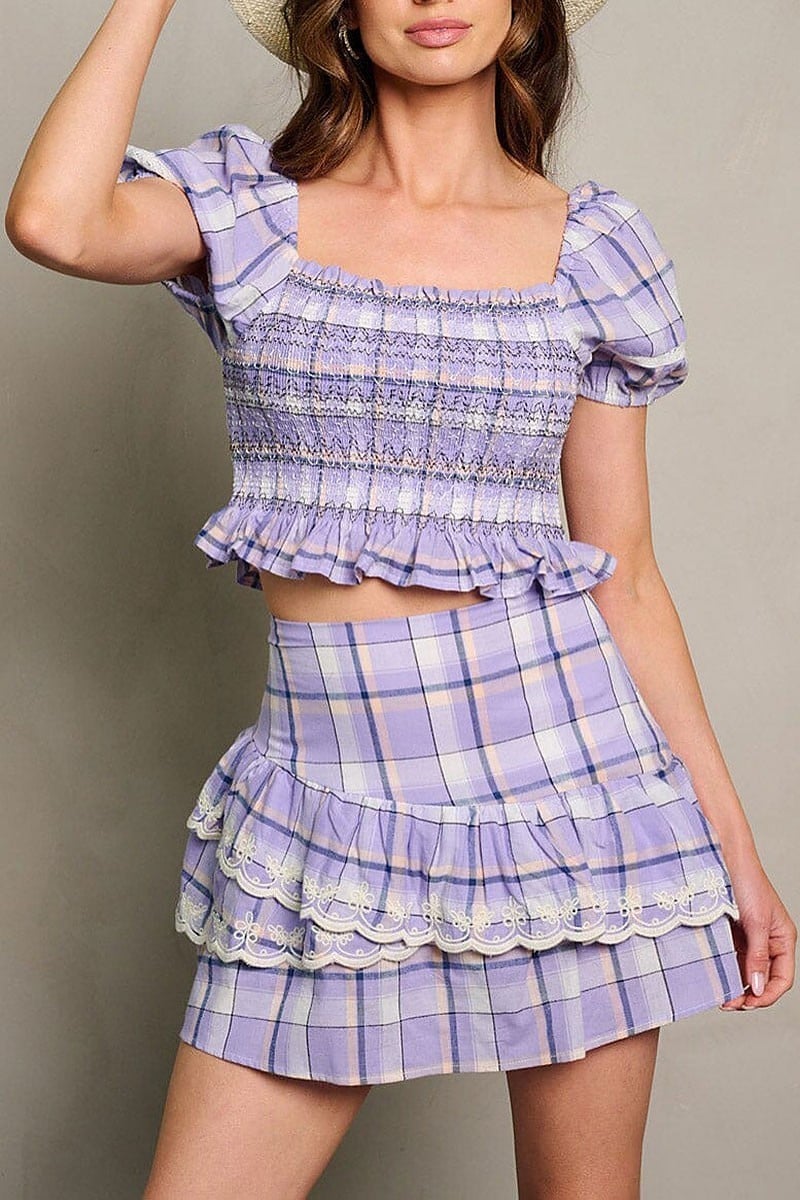 Short sleeve top & ruffle mini skirt plaid set (EGWT1868)