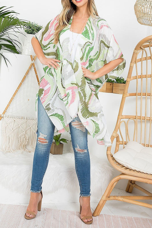 Collage print boho open front kimono (EF3261)