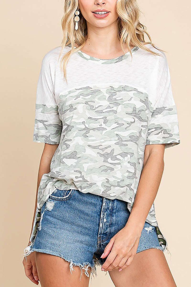 Reverse camo printed dolman sleeve football tee (EDH1414)