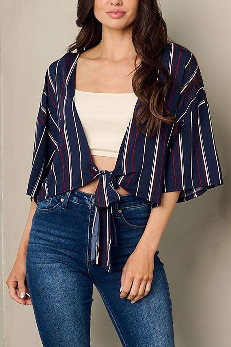 Short sleeve front tie stripes top (EFWT2193)