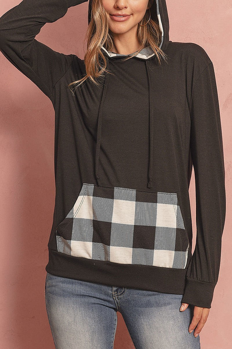 Plaid pocket contrast hoodie with drawstrings (ED8226-1)