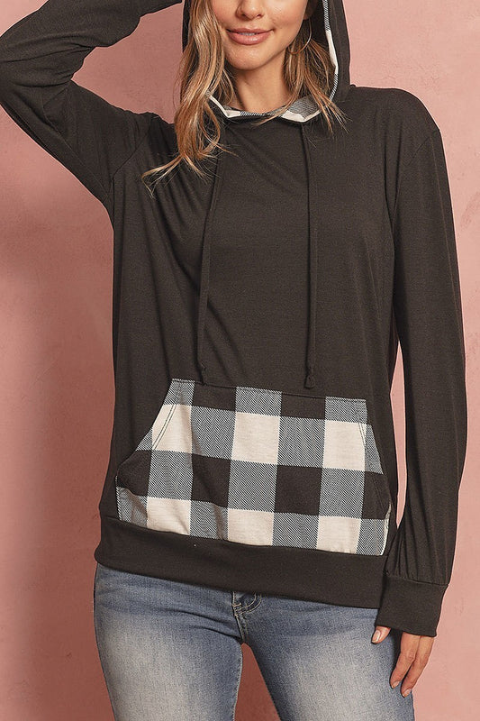 Plaid pocket contrast hoodie with drawstrings (ED8226-1)