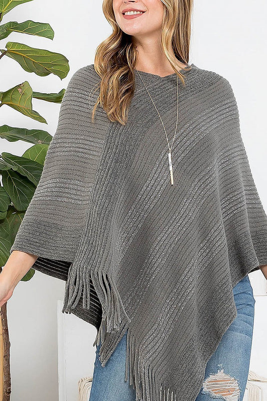 Knitted fringe stripe poncho (DGS5482)