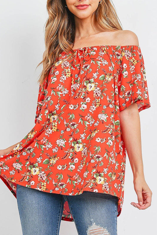 Front tie off shoulder hi low floral top (EF1856)