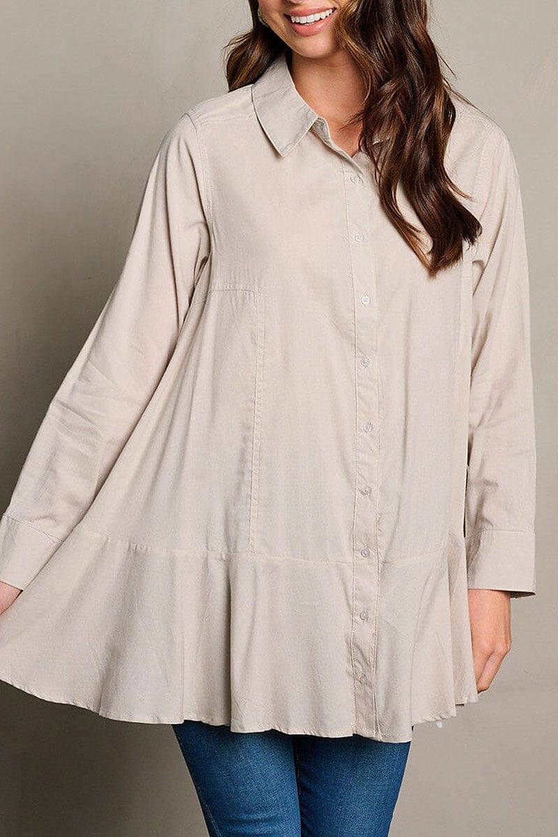 Long sleeve pockets button up tunic blouse top (EGWT2048)