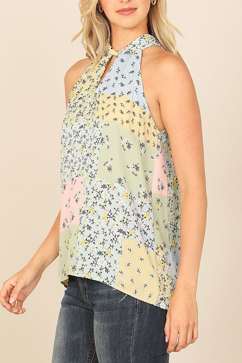 Keyhole halter neck tie color block floral top (EF7723)