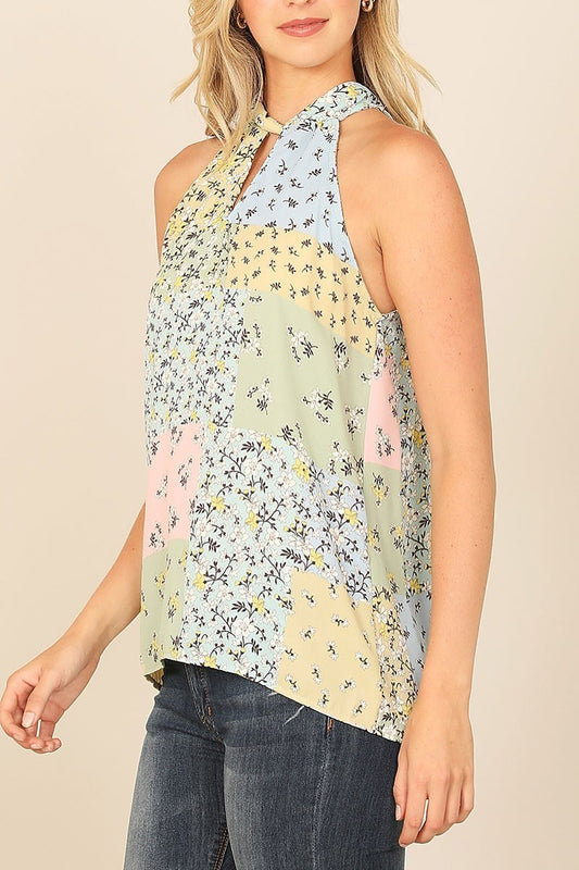 Keyhole halter neck tie color block floral top (EF7723)