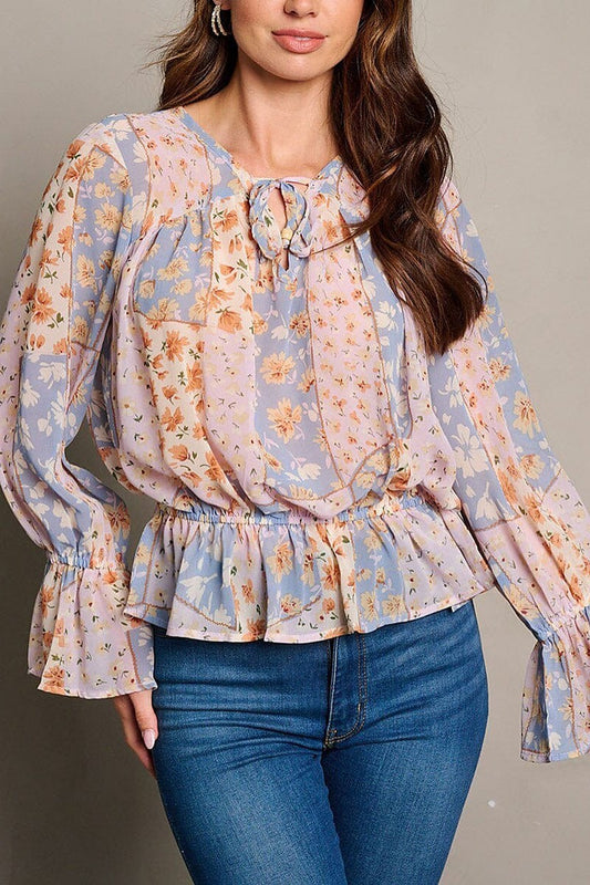 Long bell sleeve neck tie floral peplum blouse top (EGWT2057)