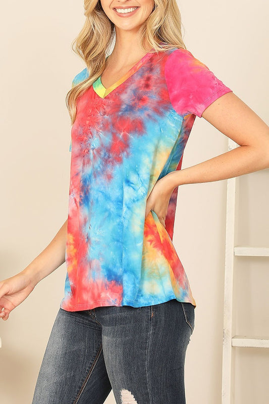 V-neck neck short sleeve tie dye top (EF7730)