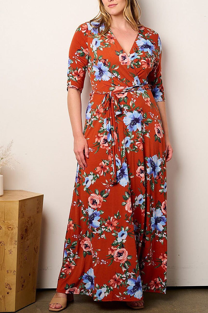 Short sleeve self tie surplice floral maxi dress (EFWT9026)