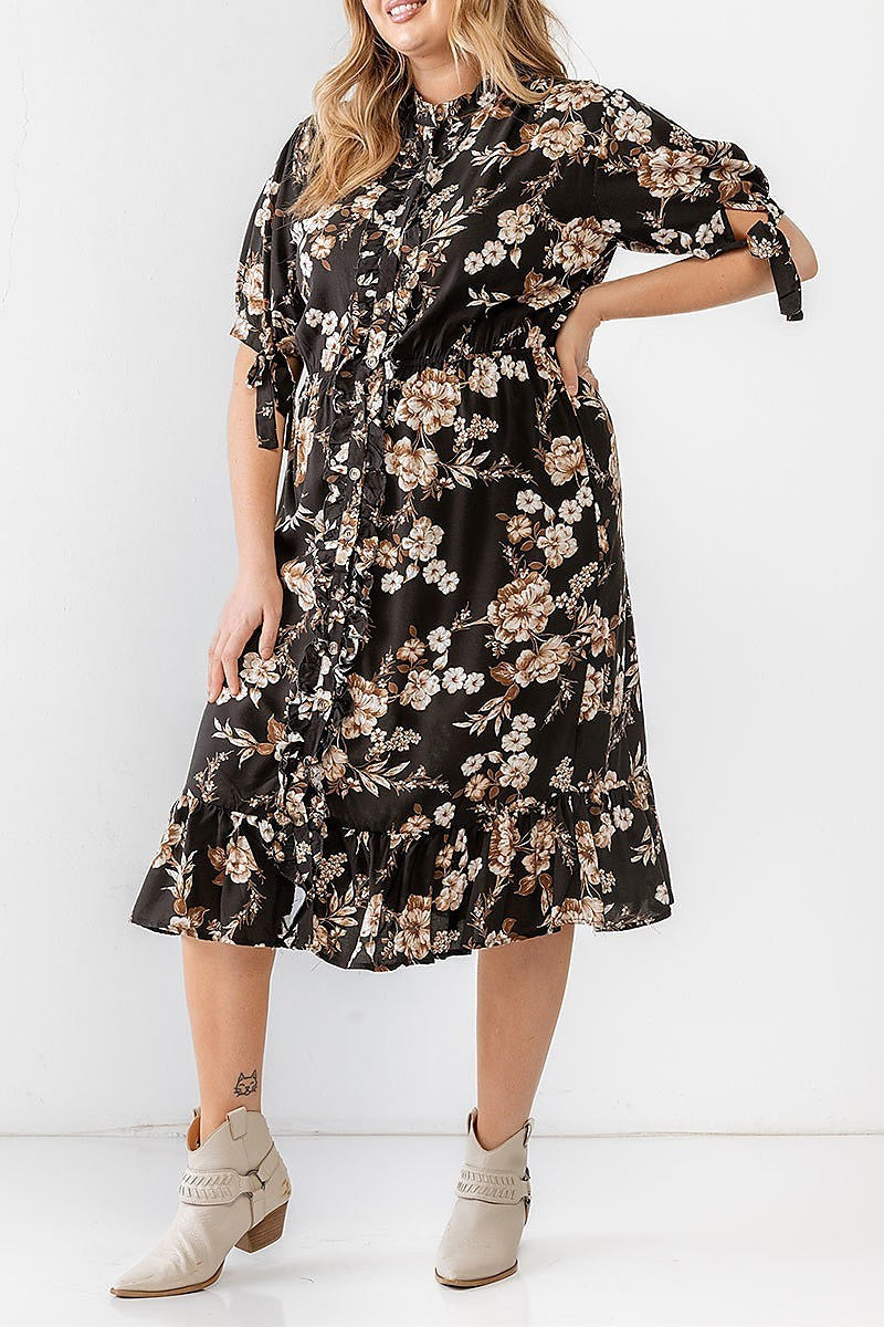 Floral print ruffle hem button front dress (TED1714)