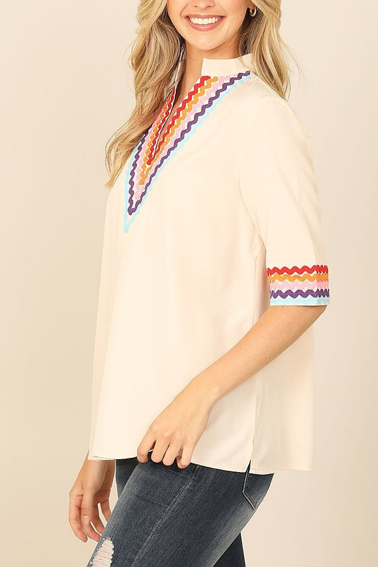 V-neck mandarin collar wave print half sleeve top (EF7743)