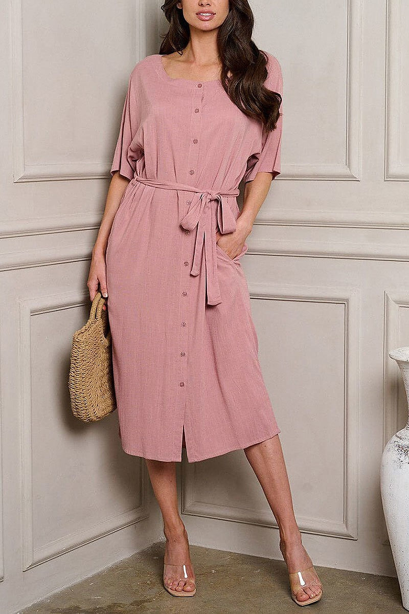 Short sleeve button up self tie midi dress (EDWT9993)