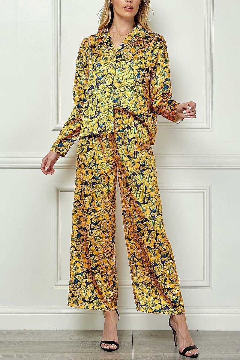 Long sleeve blouse top & wide leg pants floral set (EGWT1334)