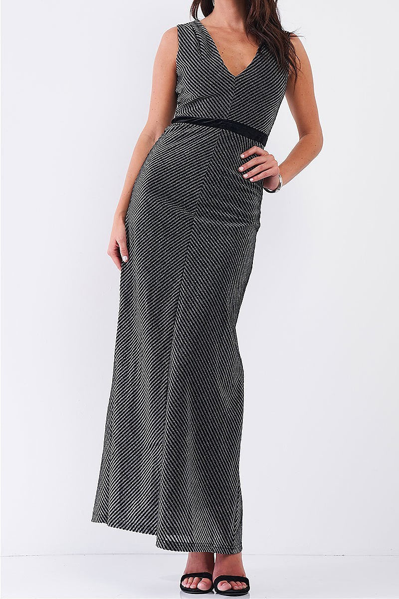 Sleeveless v neck striped velvet waistband detail fitted maxi dress (TDG7758-2)