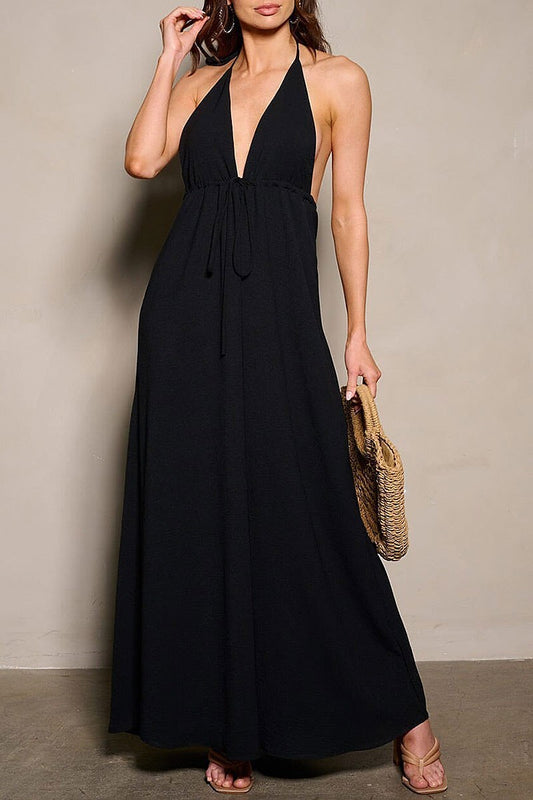 Sleeveless neck tie open back v-neck maxi dress (EFWT9446)